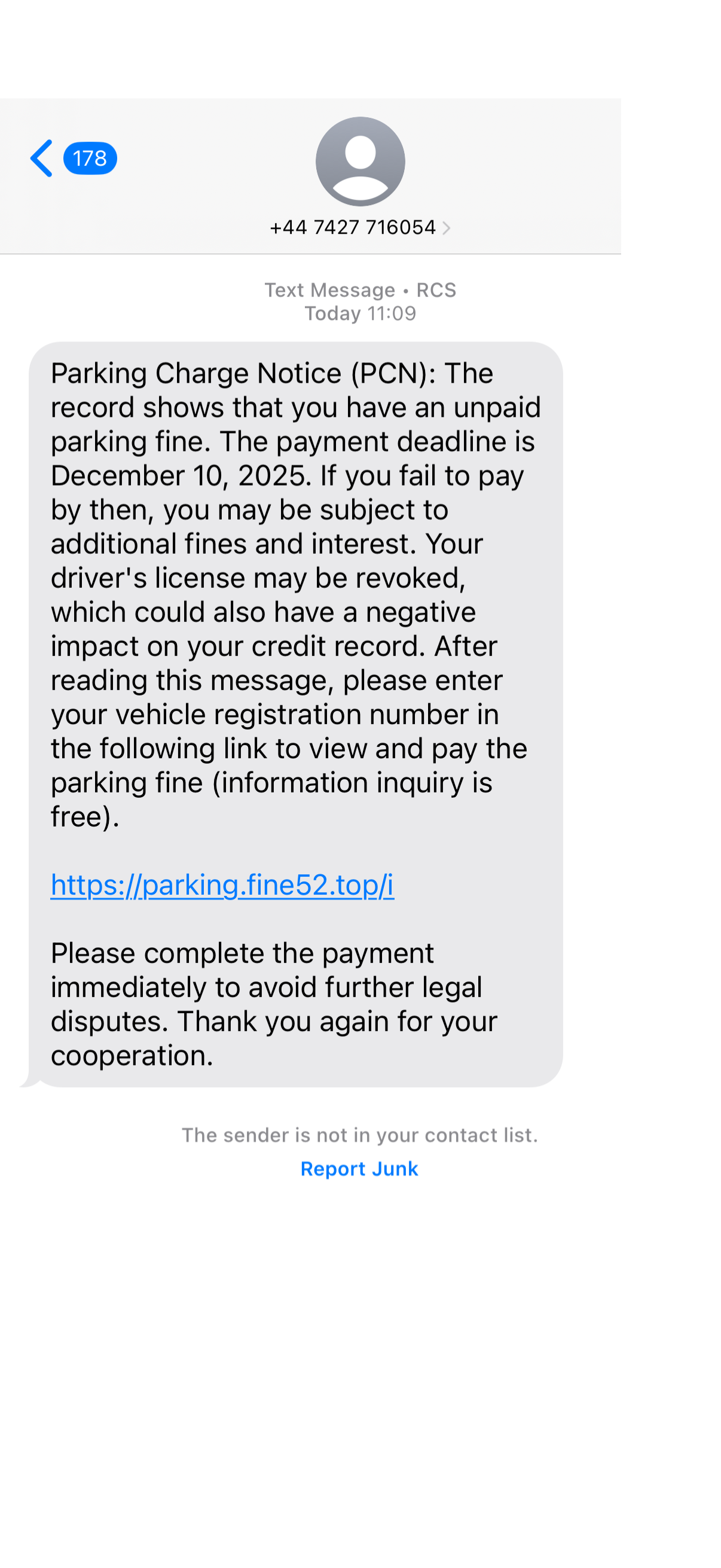 Screenshot of fake parking fine