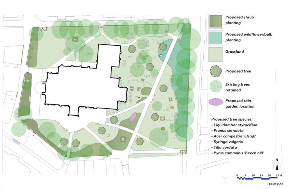 Map showing proposed shrub, wildflower, bulb and tree planting