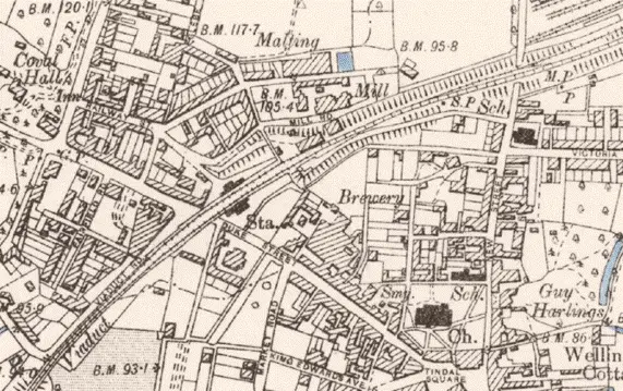Chelmsford Ordance Survey Map from 1895 showing location of malting near railway station