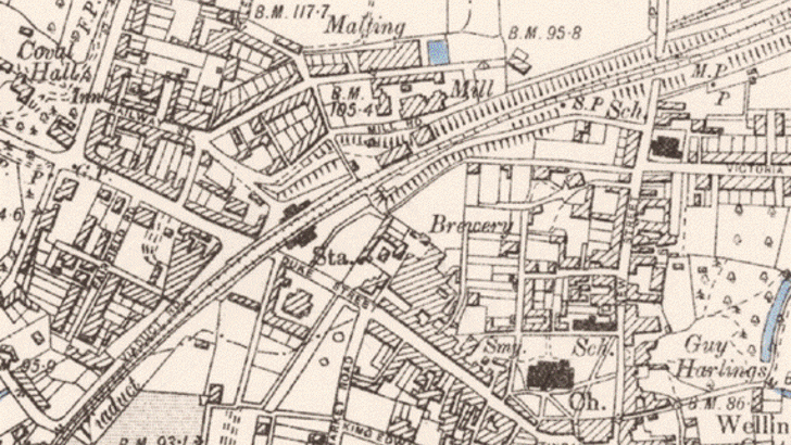 Chelmsford Ordance Survey Map from 1895 showing location of malting near railway station