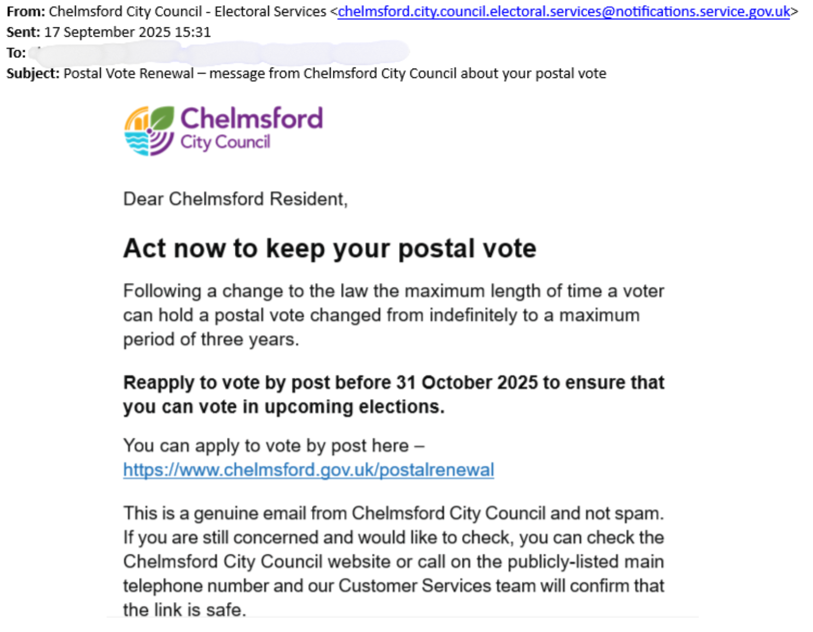 Screenshot of email from Chelmsford City Council regarding postal vote renewal