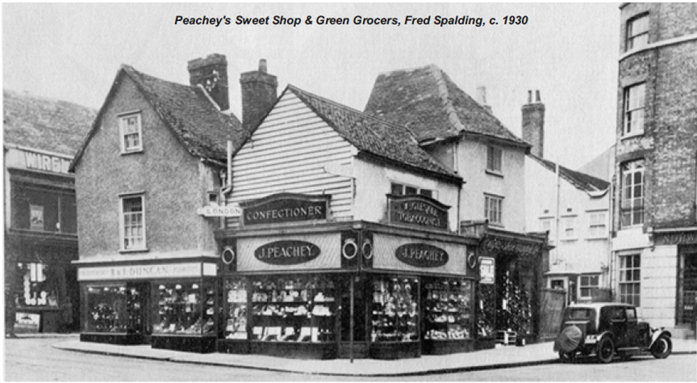 Peachey's Sweet Shop and Green Grocers, on corner of street (photo by Fred Spalding, c. 1930)