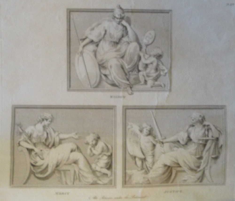 White marble plaques on Shire Hall depicting Justice, Wisdom and Mercy (c.1808)