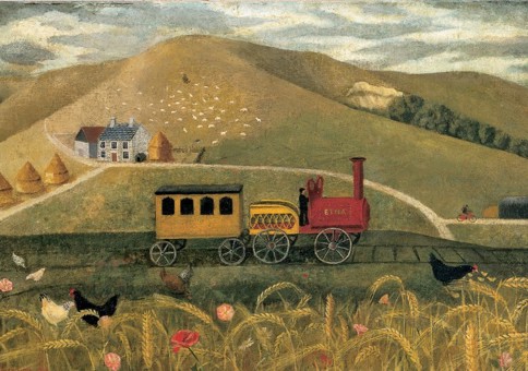 An illustration of a train travelling through a field. 