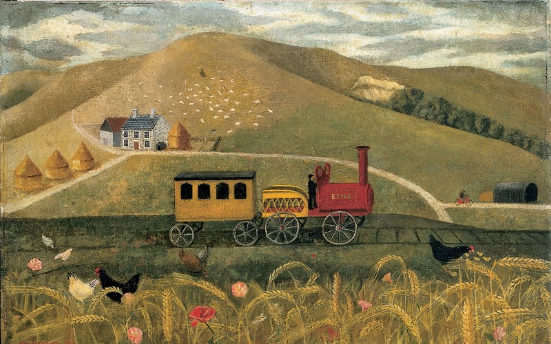 An illustration of a train travelling through a field. 
