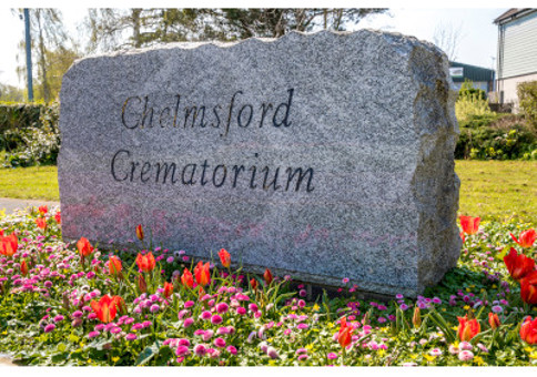 Large stone engraved with the words 'Chelmsford Crematorium'