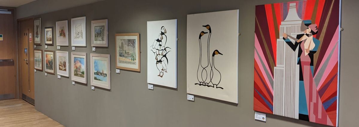 Various paintings on display on the Gallery Wall of Chelmsford Museum. 