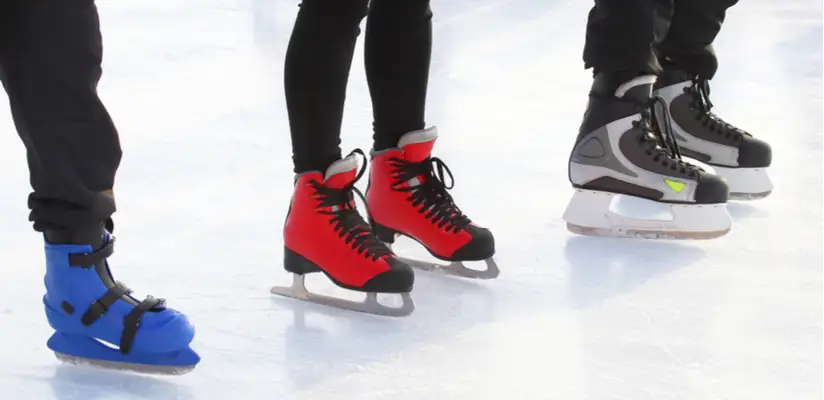 Three people wearing different types of ice skate