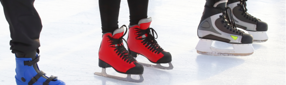Three people wearing different types of ice skate