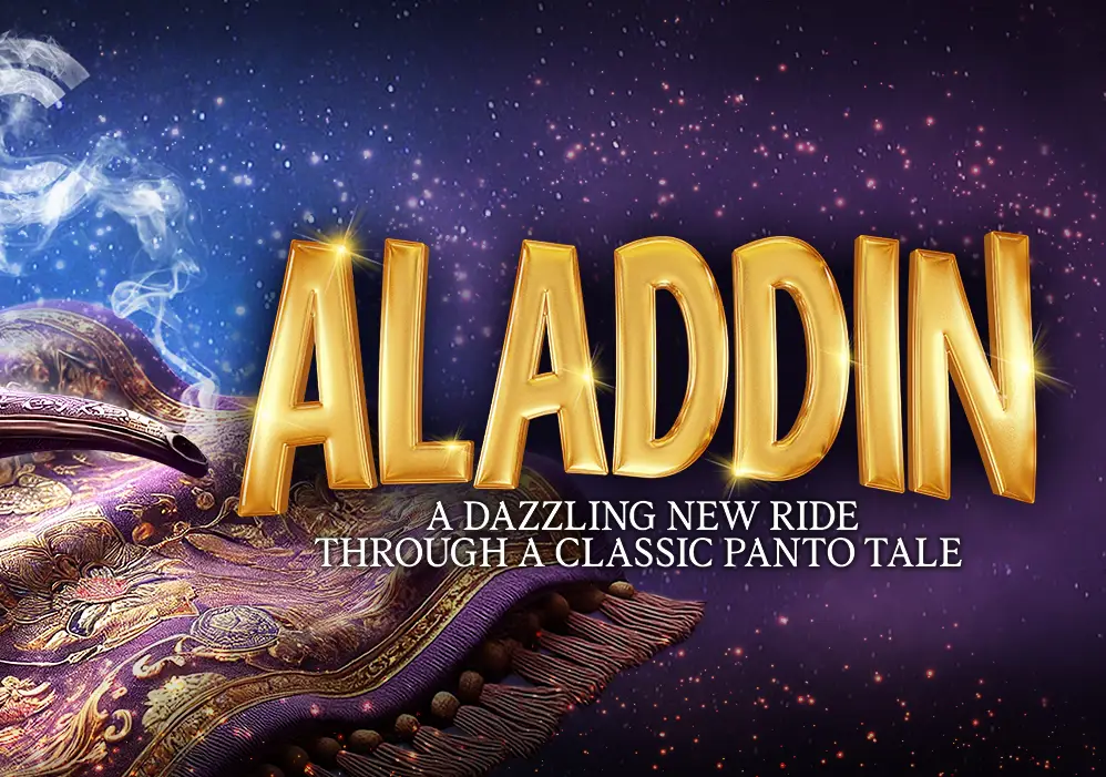 Aladdin. A dazzling new ride through a classic panto tale. (Magic lamp with smoke coming out the in in the shpae of a letter C, and sitting on top of a richly embroidered tassled rug