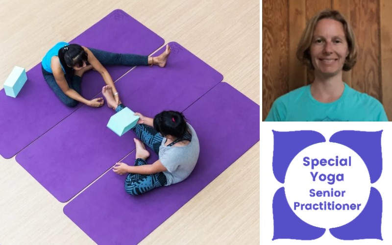 A collage of photos including two women practicing yoga, and a woman with chin length light hair. 