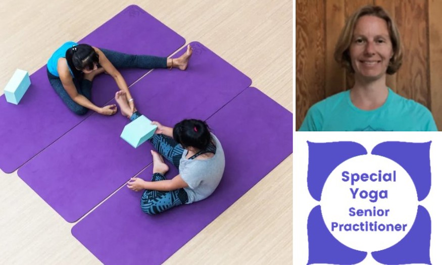 A collage of photos including two women practicing yoga, and a woman with chin length light hair. 