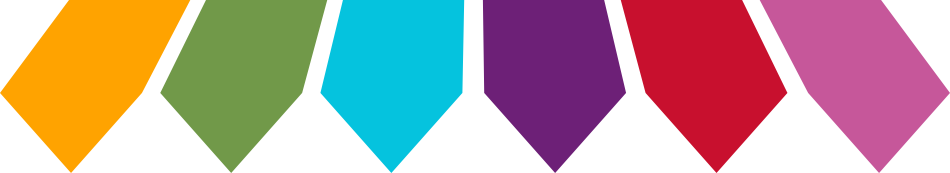 Logo featuring six banners, in yellow, green, blue, purple, red and pink