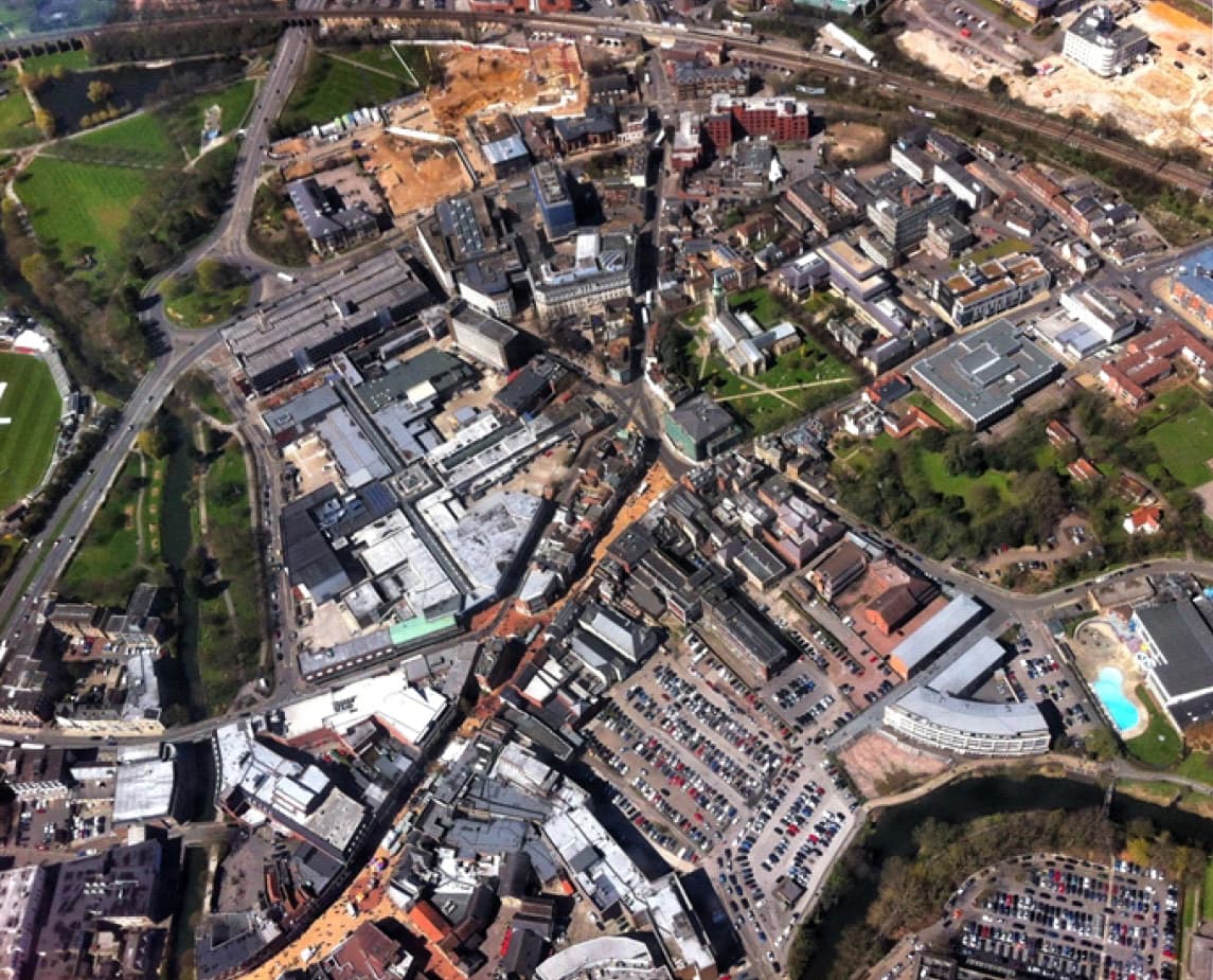 Aerial view of city centre before development of Bond Street