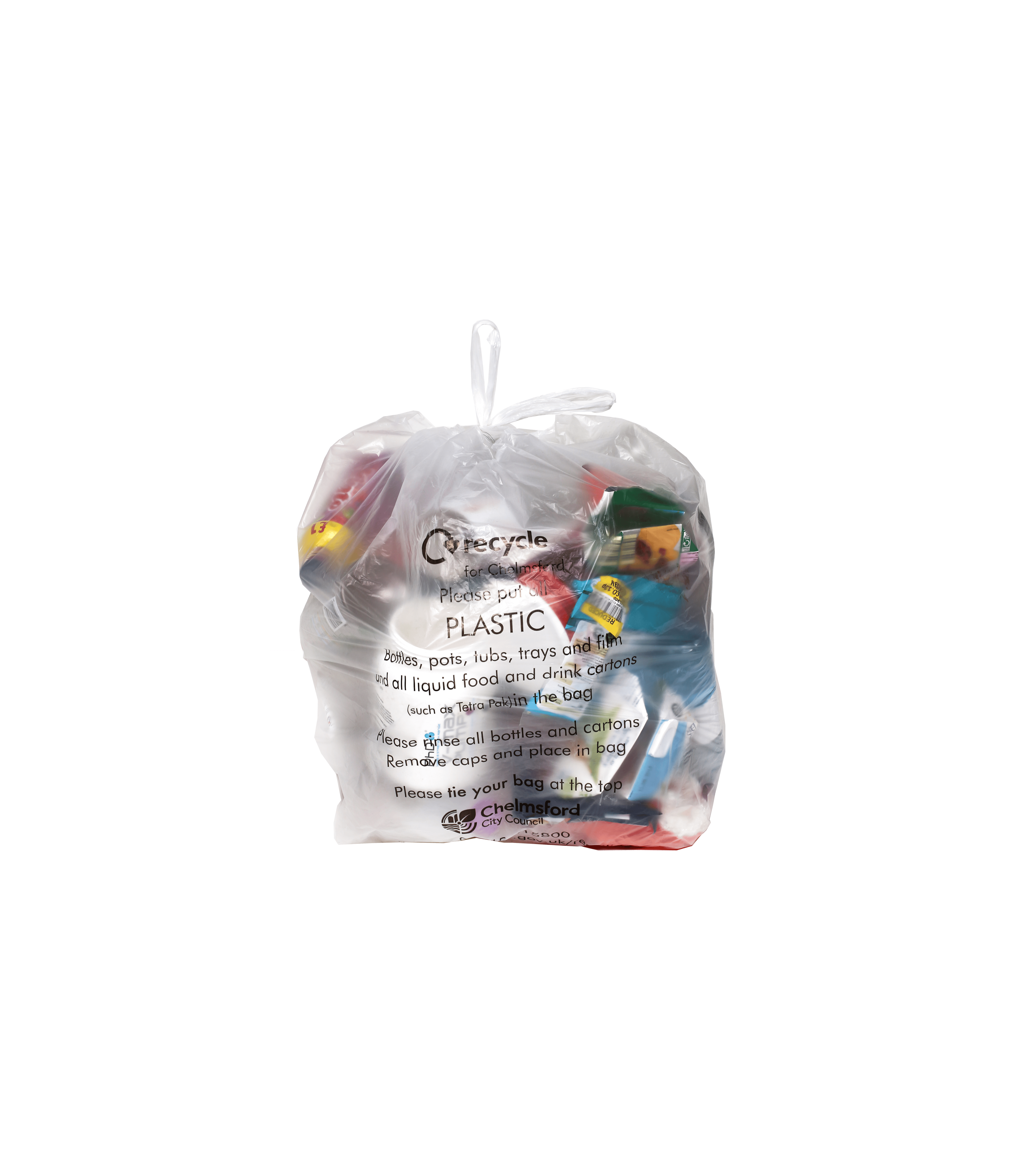 Clear plastic sack full of items to be recycled