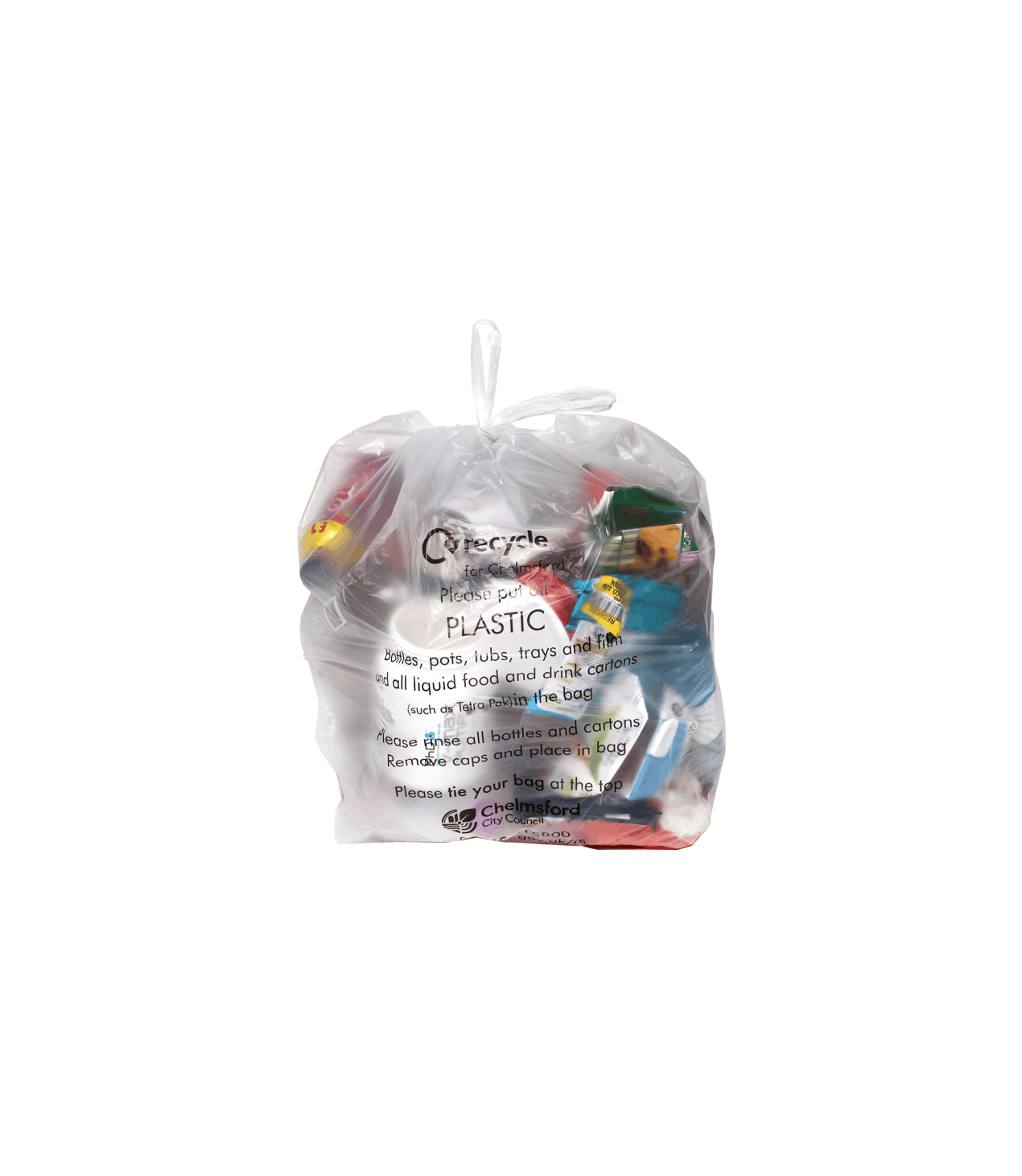 Clear plastic sack full of items to be recycled