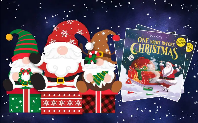 Cartoon gnomes sat on gift boxes next to the book cover of 'One Night Before Christmas'. 