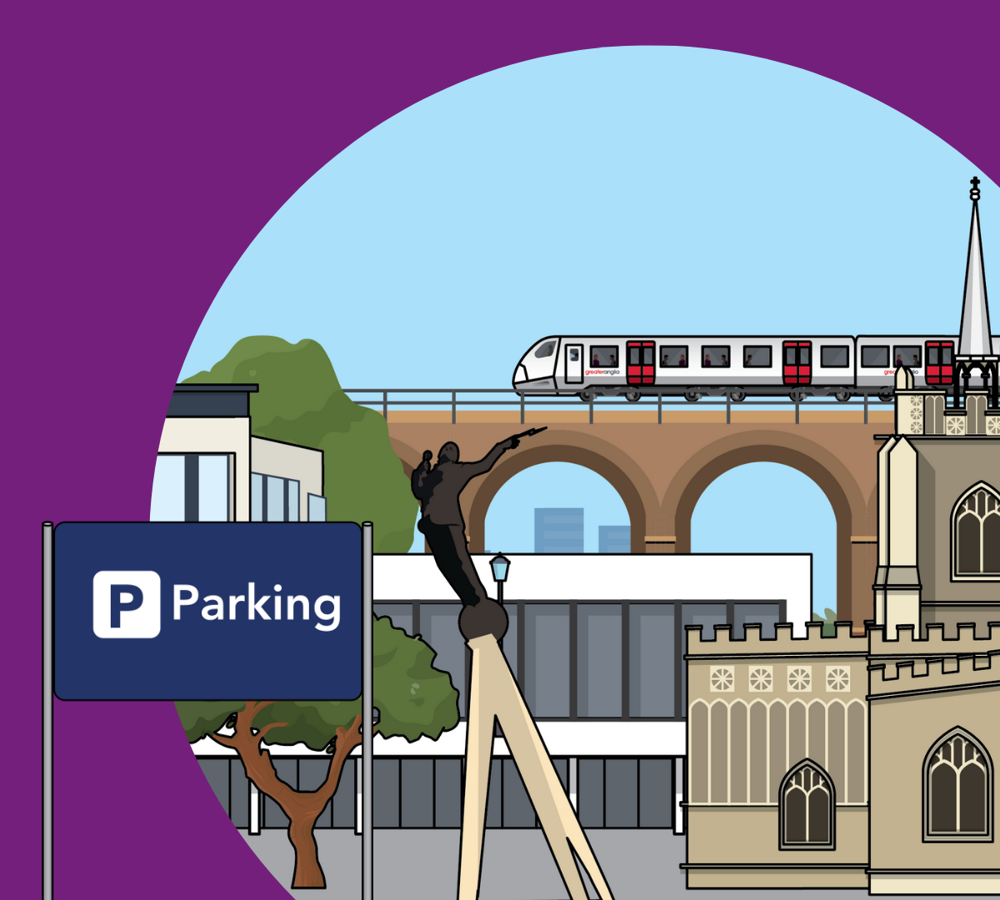 Illustrated featuring parking sign, with Marconi statue, cathedral and railway viaduct in background