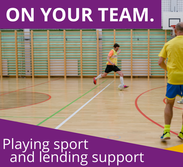 Men playing football indoors. On Your Team. Playing sport and lending support. Safer Chelmsford.