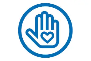 Blue hand outline with a heart in it surrounded by a blue circle