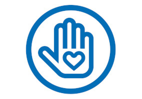 Blue hand outline with a heart in it surrounded by a blue circle