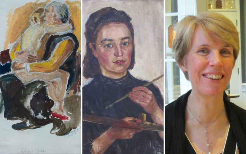 A collage of Rosemary Rutherford's paintings next to a photo of Dr Catherine Pearson.