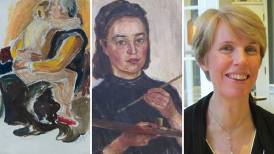 A collage of Rosemary Rutherford's paintings next to a photo of Dr Catherine Pearson.