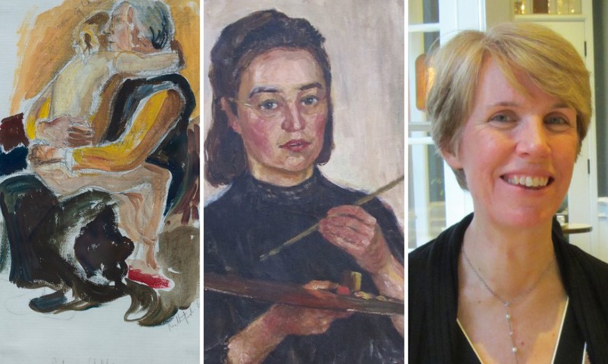 A collage of Rosemary Rutherford's paintings next to a photo of Dr Catherine Pearson.