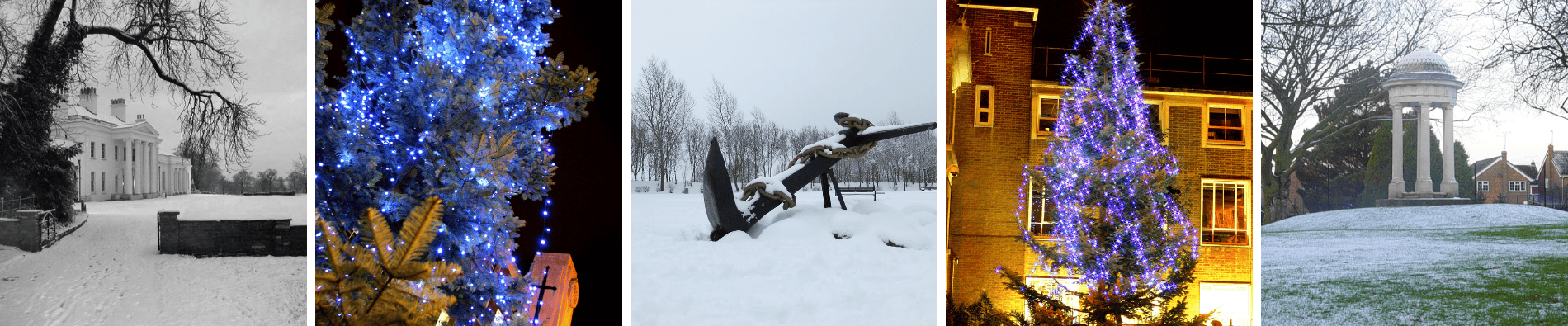 Hylands in the snow, Christmas tree, Compass Gardens in the snow, another Christmas tree and the conduit in Admirals Park