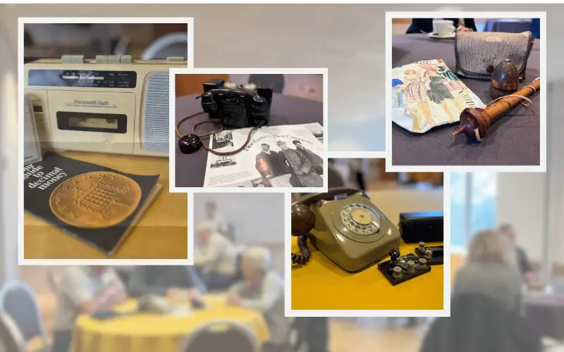 Photos of various museum objects. Behind the objects is an out of focus picture of people sitting around round tables.