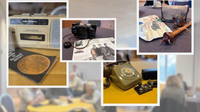 Photos of various museum objects. Behind the objects is an out of focus picture of people sitting around round tables. 