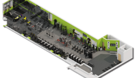 A digitally rendered floor plan of how the CSAC gym should look once refurbished. The right shows a large entry area. This leads into a long rectangular room with three rows of machines and free weights equipment: 2 against the walls and 1 down the centre. The machines vary from cardio machines to weights and resistance machines into a free weights area on the left end, which features benches and lifting platforms and a range of free weights. preview