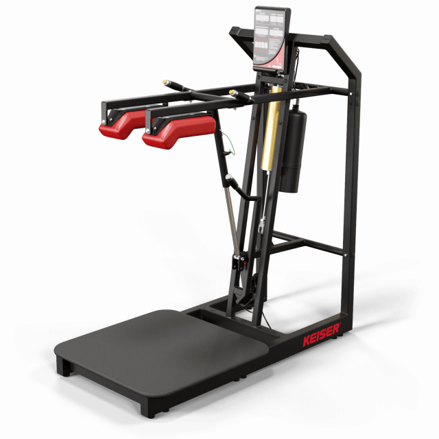 A standing platform with padded shoulder rests providing resistance to your squats, and a screen to track progress.