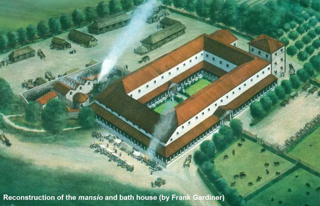 Artists impression of Roman mansio and bath house (Credit Frank Gardiner)