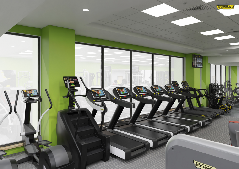 A digitally rendered image of how the CSAC gym should look once refurbished, showing a row of cross trainers, step machines and treadmills against a light green wall with full length windows..