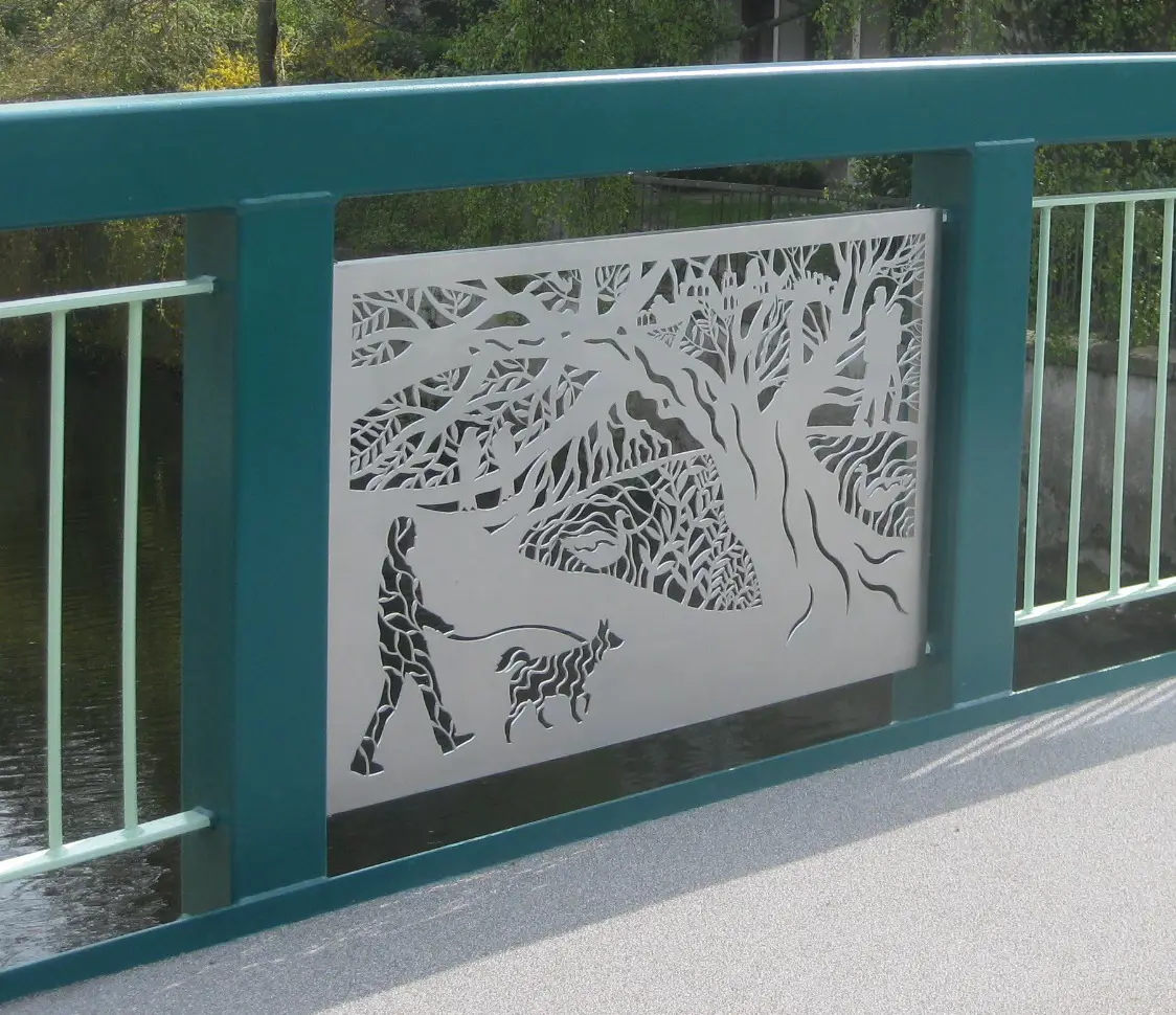 Panel in bridge showing scene of people in a park including a dog walker