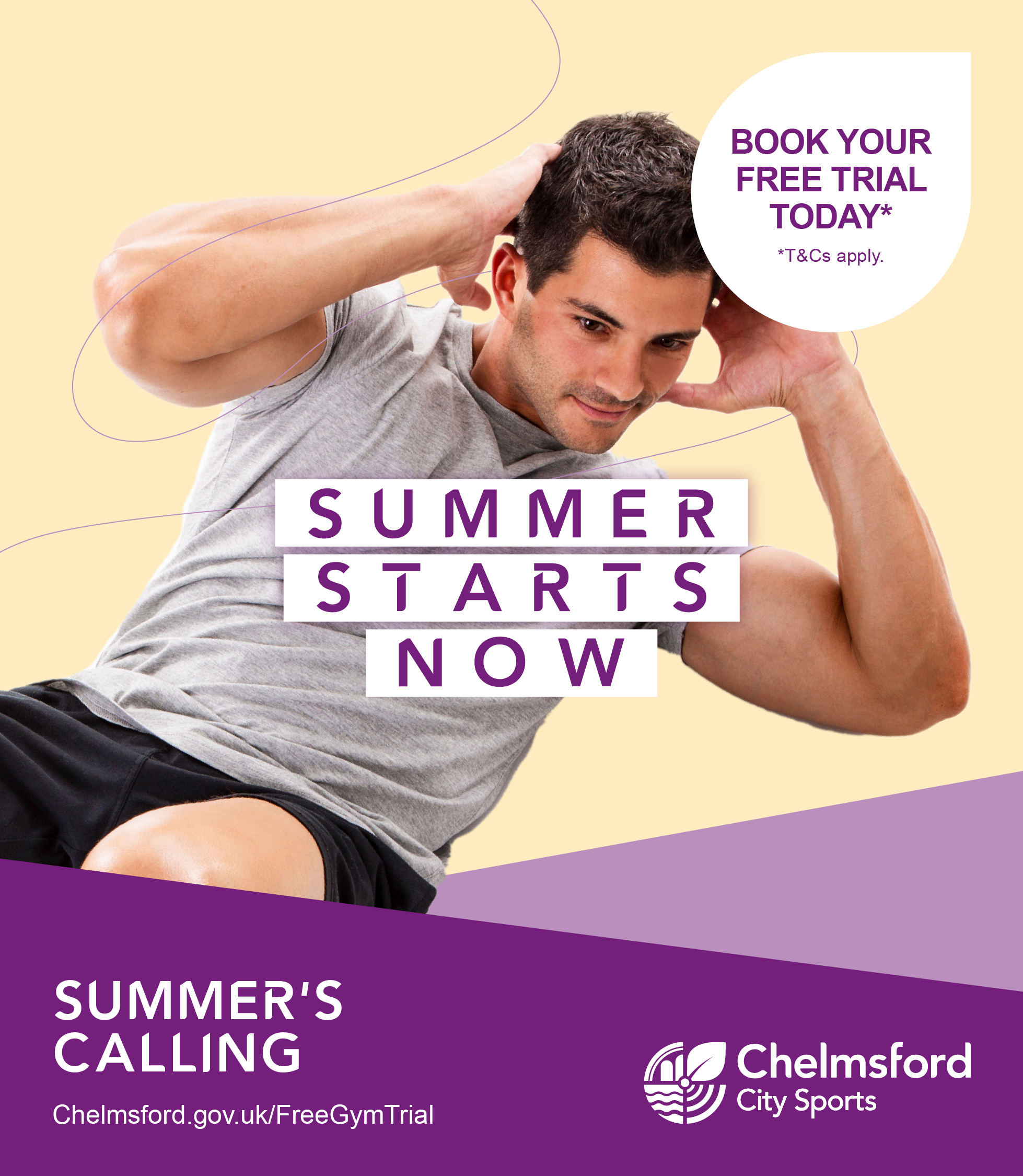 Summer starts now. Book your free trial today. (Man dong sit ups)